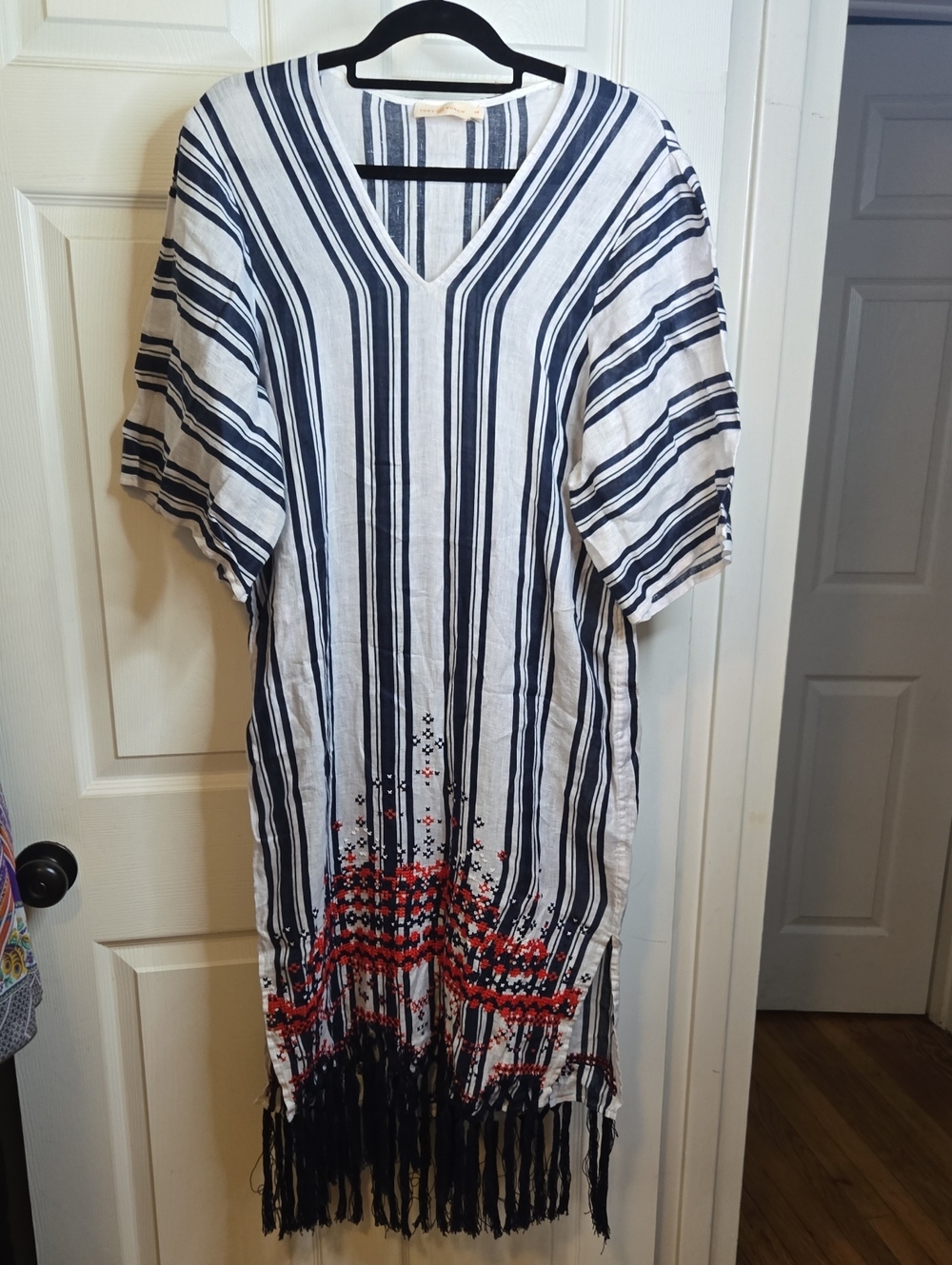 Tory Burch Navy and White Striped Maxi Red Embroidery Dress Oversized Up To Larg